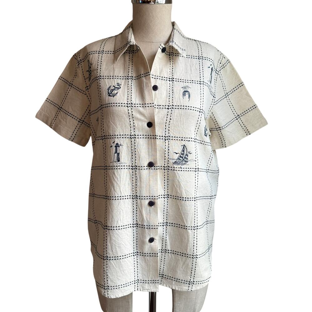 Embroidered Coastal Linen Blend Shirt Lemon Grass Petite Medium